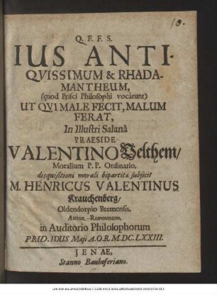 Ius Antiquissimum & Rhadamantheum, (quod Prisci Philosophi vocarunt) Ut Quimale Fecit, Malum Ferat ...