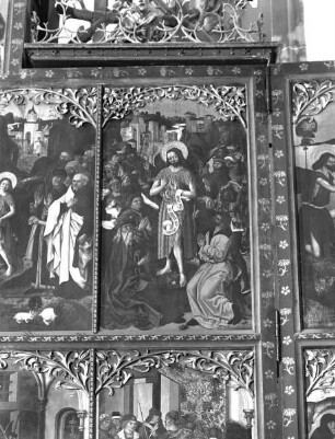 Altar in erster Öffnung — Szenen aus dem Leben Johannes des Täufers — Rechter Innenflügel: Vier Szenen aus dem Leben des Heiligen — Johannes predigt in der Wüste
