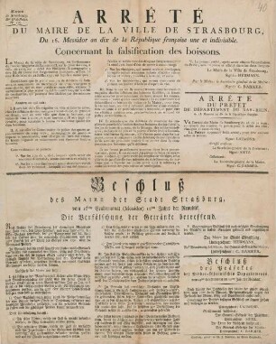 Arrêté du maire de la ville de Strasbourg, du 16 Messidor an dix de la République française une et indivisible, concernant la falsification des boissons