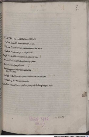 Annotationes centum : mit Widmungsbrief des Autors und Gedicht an Ulrich von Rosenberg