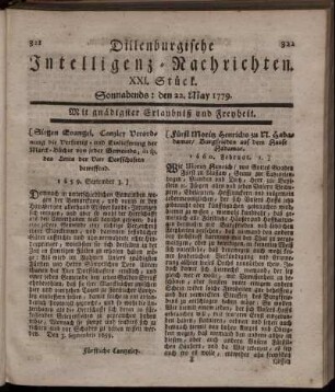 XXI. Stück. Sonnabends: den 22. May 1779.