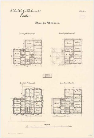 Schlachthof und Viehmarkt, Breslau Beamten-Wohnhaus: Grundriss Kellergeschoss Erdgeschoss 1. Obergeschoss 2. Obergeschoss 1:100