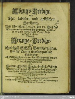 Abzugs-Predigt. von Der leiblichen und geistlichen Speisung