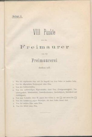 Beilage 4. VIII Punkte was ein Freimaurer von der Freimaurerei denken soll.