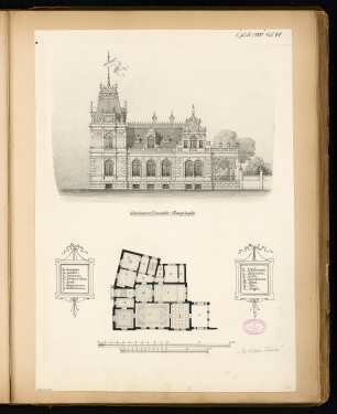 Wohnhaus, Eberswalde Monatskonkurrenz Juli 1880: Grundriss Erdgeschoss, Aufriss Straßenansicht (Alsenplatz); 2 Maßstabsleisten, Legende
