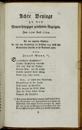 Achte Beylage zu den Neuen Leipziger gelehrten Anzeigen. Zum 15ten April 1794.