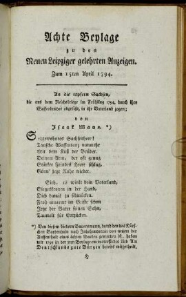 Achte Beylage zu den Neuen Leipziger gelehrten Anzeigen. Zum 15ten April 1794.