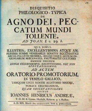 Disquisitio philol.-typica de agno dei, peccatum mundi tollente