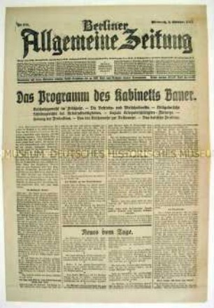Tageszeitung "Berliner Allgemeine Zeitung" zum Regierungsprogramm des Kabinetts Bauer