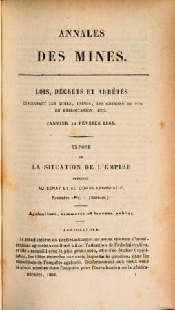 Annales des mines. Partie administrative : ou recueil de lois, décrets, arrêtés et autres actes concernant les mines .... 7. 1868