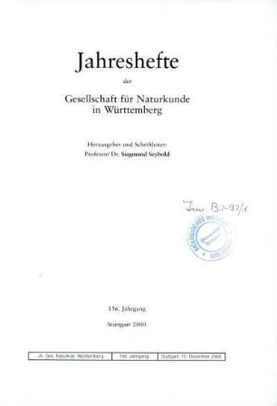 Bd. 156, 2000: Jahreshefte der Gesellschaft für Naturkunde in Württemberg