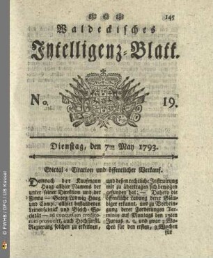 No. 19. Dienstag, den 7ten May 1793