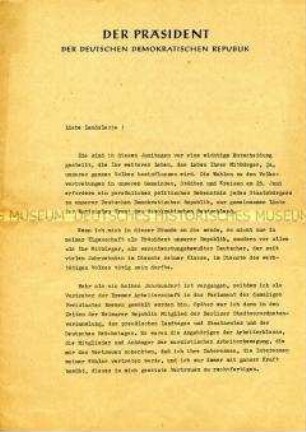 Offener Brief von Wilhelm Pieck an die Bürger der DDR im Vorfeld der Volkskammerwahlen 1957