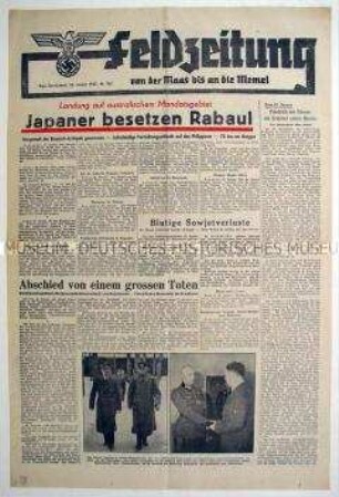 Titelblatt der deutschen Kriegszeitung aus dem Baltikum u.a. zum Krieg im Pazifik und zum Tod von Generalfeldmarschall von Reichenau