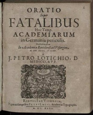 Oratio Super Fatalibus Hoc Temp. Academiarum In Germania periculis