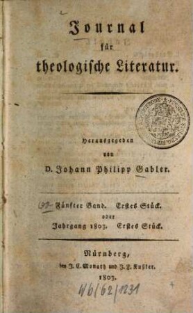 Journal für theologische Literatur. 5 = St. 1 - 6. 1803