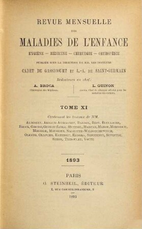 Revue mensuelle des maladies de l'enfance : hygiène, médecine, chirurgie, orthopédie. 11. 1893