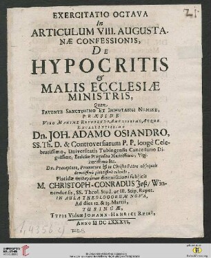 Band 8: Exercitatio Theologica ... In Articulum Augustanae Confessionis: Exercitatio Octava In Articulum VIII. Augustanae Confessionis, De Hypocritis & Malis Ecclesiae Ministris