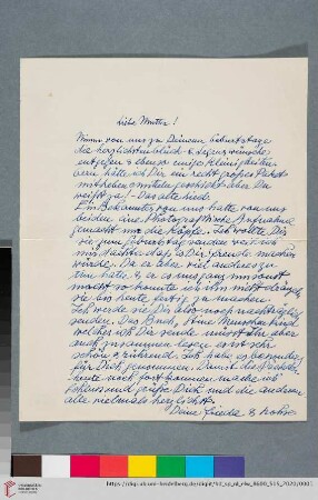 Briefe: Brief von Elfriede Lohse-Wächtler an Sidonie Wächtler
