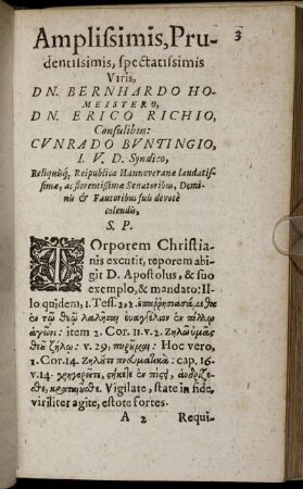 Amplissimis,Prudentiisimis, spectatissimis Viris, Dn. Bernhardo Homeistero, Dn. Erico Richio, Consulibus: Cunrado Buntingio, ...