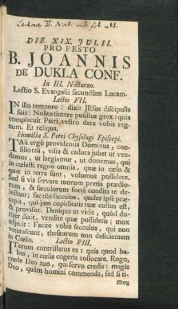Die XIX. Julii. Pro Festo B. Joannis De Dukla Conf.