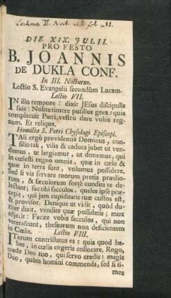 Die XIX. Julii. Pro Festo B. Joannis De Dukla Conf.