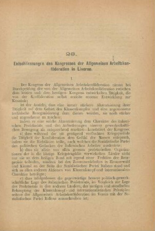 28. Entschliessungen des Kongresses der Allgemeinen Arbeitskonföderation in Livorno.