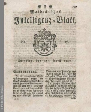 No. 18, Dienstag, den 30ten April 1805