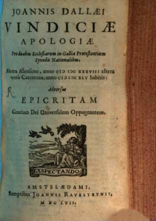 Vindiciae Apologiae pro 2 Synodis Nation. in Gallia 1637. 1645