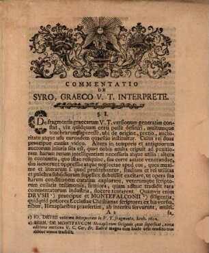 Diss. inaug. seu disquisitio hist. philol. quis sit ho Syros Vet. Test. interpres Graecus