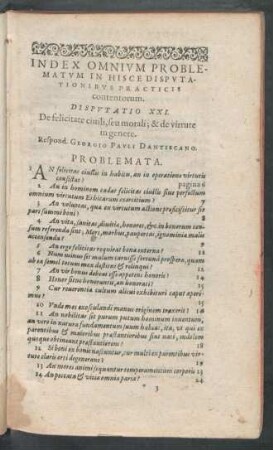 Index Omnium Problematum In Hisce Disputationibus Practicis contentorum