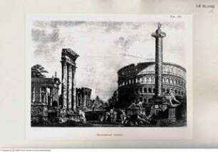 Sechs römische Capricci, Capriccio mit dem Kolossseum, Tempelruinen, einer Pyramide, einer Triumphsäule und verschiedenen Statuen