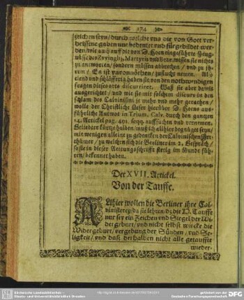 Der XVII. Artickel. Von der Tauffe