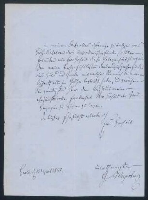 Eigenhändiger Brief Giacomo Meyerbeer an Herzog Ernst von Coburg-Gotha mit Dankesworte für die Aufnahme in Gotha.