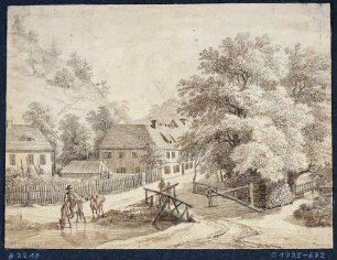 Wohnhäuser, Weg und Brücke mit Reiter, wahrscheinlich in Tharandt