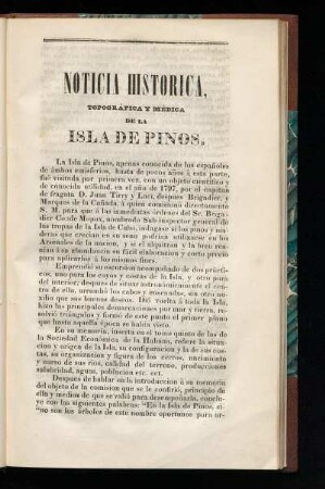 Noticia historica, topográfica y médica de la Isla de Pinos.