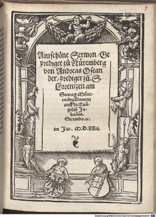 Ain schöne Sermon, geprediget zu Nüremberg von Andreas Oseander, Prediger zu S. Lorentzen am Sontag Misericordia Domini auff das Evangelium Johannes Secundo etc. im Jar 1523