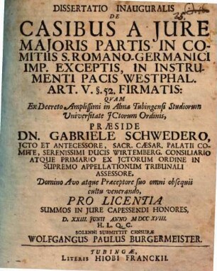 De casibus a iure maioris partis in comitiis Sacri Romano-Germanici Imperii exceptis in instrumenti pacis Westphalicae Art. V § 52 firmatis