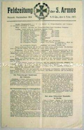 Nachrichtenblatt der 5. Armee mit Kurzmeldungen von verschiedenen Kriegsschauplätzen