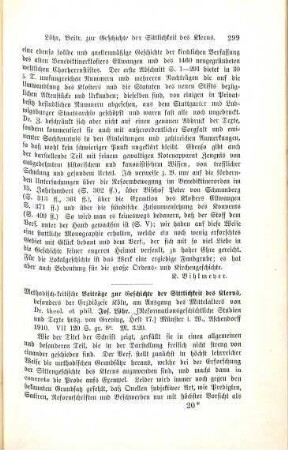 299-300 [Rezension] Löhr, Joseph, Methodisch-kritische Beiträge zur Geschichte der Sittlichkeit des Klerus, besonders der Erzdiözese Köln am Ausgang des Mittelalters