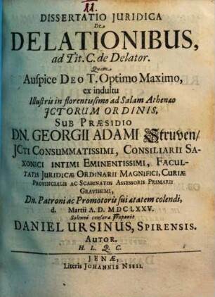 Dissertatio Iuridica De Delationibus, ad Tit. C. de Delator.