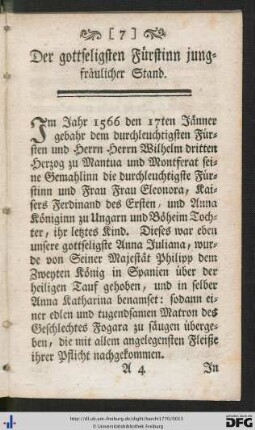 Der gottseligsten Fürstinn jungfräulicher Stand.