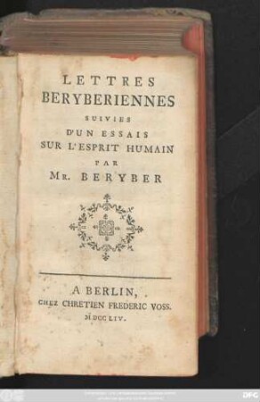 Lettres Beryberiennes Suivies D'Un Essais Sur L'Esprit Humain