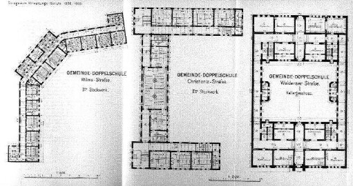 Karte: Gemeinde-Doppelschule. Wilms-Strasse ; Karte: Gemeinde-Doppelschule. Christiania-Strasse ; Karte: Gemeinde-Doppelschule. Waldenser-Strasse