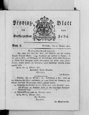 Num. 8, Ausgabe vom 21. Februar 1821