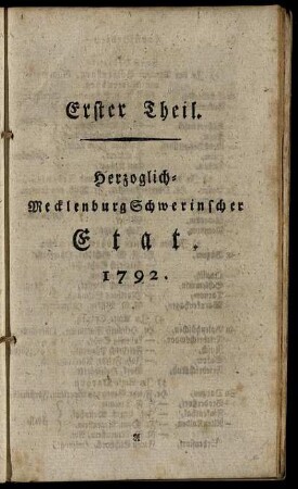 Erster Theil. Herzoglich-MecklenburgSchwerinscher Etat. 1792