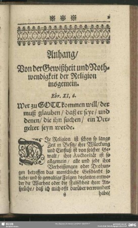 Anhang, von der Gewißheit und Nothwendigkeit der Religion insgemein