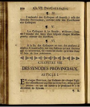 Chapitre VIII. Des Synodes Provinciaux. / Achtes Capitel. Von Provincial-Synodis.