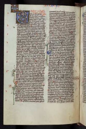 Zierinitialen mit Ranken und Drachen geschmückt.