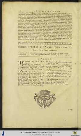 Index operum S. Joanni Chrysostomi quae in nono tomo continentur.
